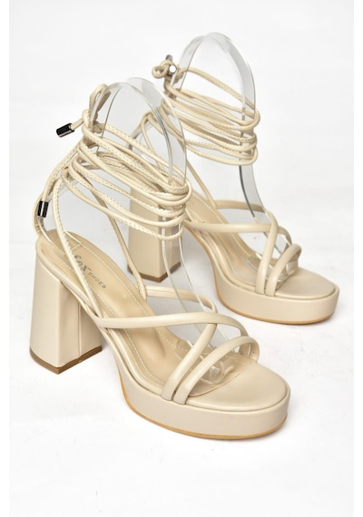Fox Shoes S282620509 Bej Bilek Bağlamalı Kalın Topuklu Ayakkabı Bej