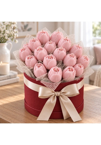 Pembe Lale Mum Buketi Silindir Kutulu