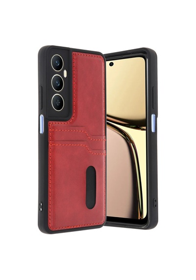 Realme C65 Uyumlu Deri Kartvizitli Kartlıklı Premium Telefon Kılıfı Kapak Kırmızı