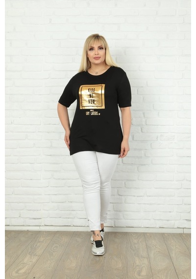 Modasehle Kadın Büyük Beden Varak Baskılı T-shirt Siyah Varak