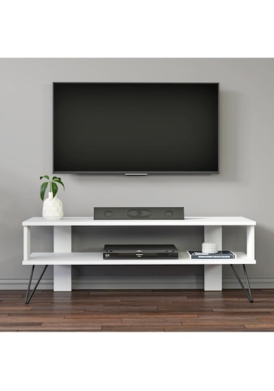 Duama TV Sehpası – Metal Ayaklı, Açık Raflı Tasarım, 120 cm, Beyaz