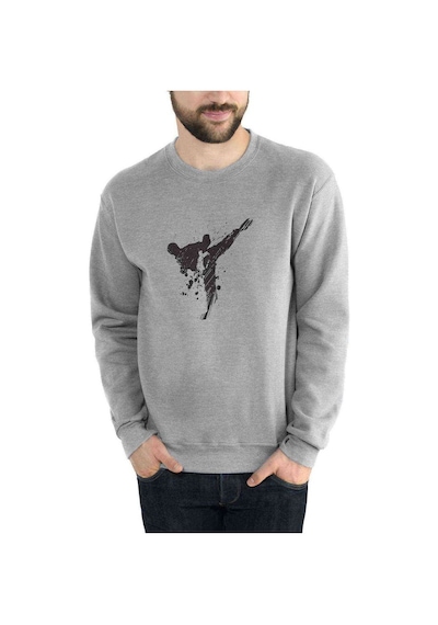 Silhouette Taekwondo Baskılı Gri Erkek Örme Sweatshirt