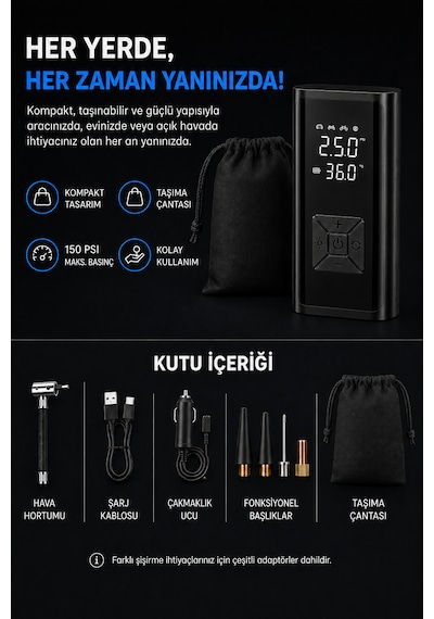 Kablosuz Hava Kompresörü 150 Psı 6000 Mah Dijital Lastik Şişirme Pompası 120w Led Ekranlı Taşınabilir -