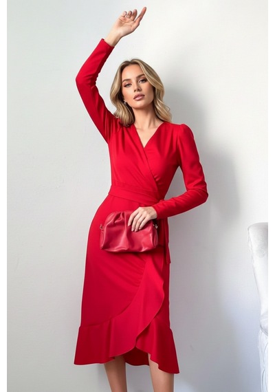 Defymoda Kadın Midi Boy Zarif Tasarım Elbise Kırmızı