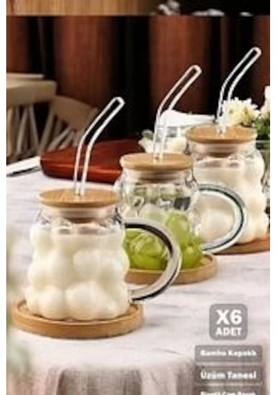 6'lı Bambu Kapaklı Üzüm Tanesi Boncuk Bardak 350 Ml Isıya Dayanıklı Cam Pipetli Kahve Sunum Bej