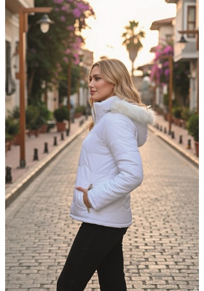 Barbora Günlük Kürklü Şişme Kadın Mont Beyaz