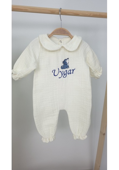 Gros Shop Müslin Yeni Doğan 4katlı Organik %100pamuk Kişiye Özgü Nakışlı Hastane Çıkış Seti Kurt Model-2 Ekru