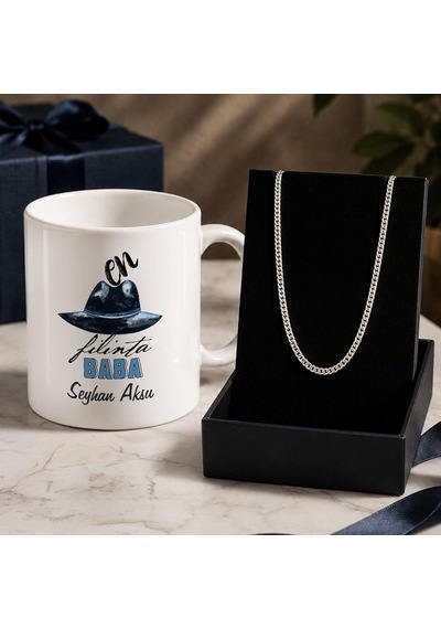 Bk Gift Kişiye Özel Babalar Günü Tasarımlı Beyaz Kupa & Sık Gurmet Zincir Kolye -12, Babalar Günü Hediyesi Gümüş