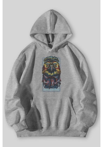 Harmandar Eagle Baskılı Unisex Siyah Gri Kanguru Cepli Kapüşonlu Sweatshirt Hoodie Gri