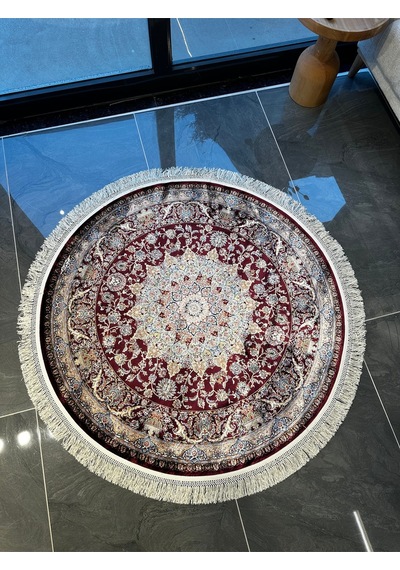 Orfe İpek Tuşeli Halı Salon Halısı, Oturma Odası Halısı, Antre Giriş Halısı Yuvarlak Kırmızı