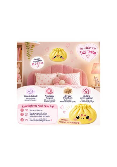 Dumpling Squishy Çin Mantısı Temalı Kişiye Özel Mdf Çocuk Odası Süsü Sarı