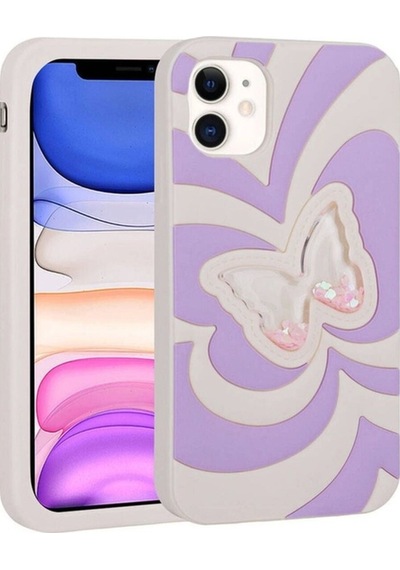 Apple Uyumlu iPhone 11 Kılıf Sıvılı Simli Kelebekli Tasarım Zore Vodena Kapak Lila