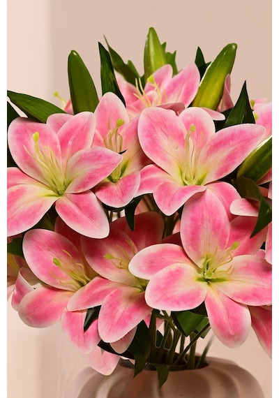 Pembe Yapay Zambak Çiçeği 2 Dallı Premium Canlı Islak Dokulu 45 Cm