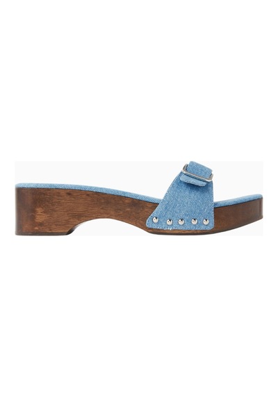Nass Platza 40 Mavi Denim Stud Detaylı, Ahşap Tabanlı Clog Terlik 38
