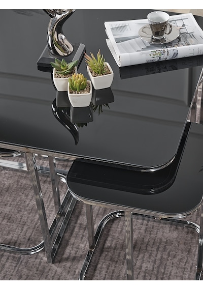Pelikan 4+1 Siyah Aynalı Temperli Cam Gümüş Metal Ayak Takım Sehpa Sedaş Living Units Sehpa