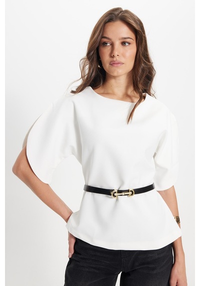 Tudors Kadın Slim Fit Dar Kesim Kol Detaylı İnce Kemerli Fermuarlı Beyaz Bluz Gömlek-50759