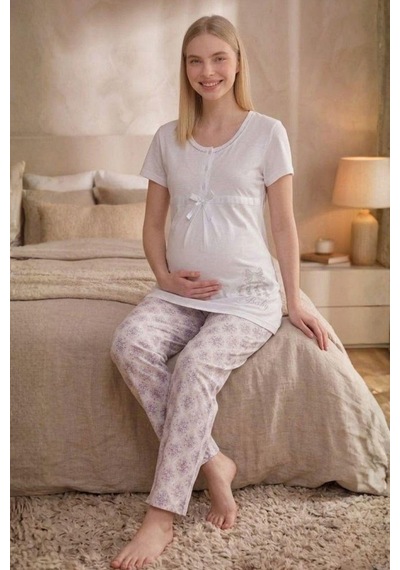 Mecit Pijama Mecit 6350 Ekru Hamile Lohusa Pijama Takımı