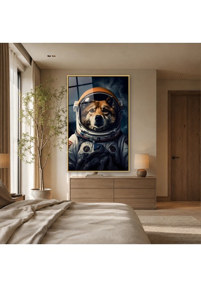 Astronot Giysili Köpek Gold Çerçeveli Cam Tablo