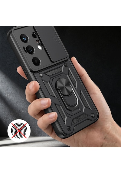 Tecno Camon 50 Kılıf Magnetik Standlı Kamera Korumalı Zore Sürgülü Vega Kapak - Siyah