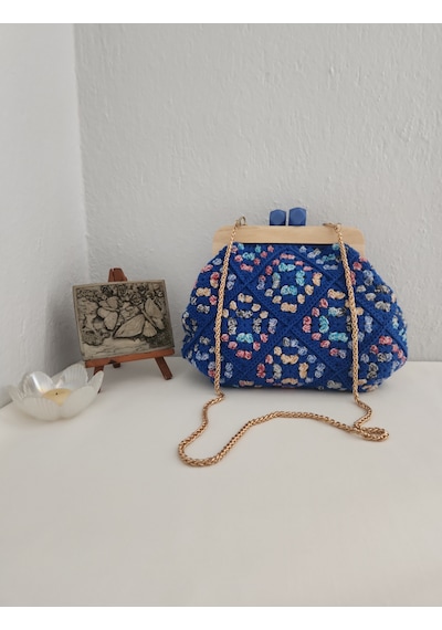 Fikriharika Design Retro, Motifli, Ahşap Burslu, Kadın El Çantası Saks Mavi