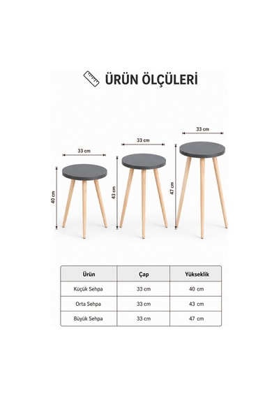 Zigon Sehpa Antrasit 3'lü Ahşap Ayaklı Yuvarlak Modern Yan Sehpa Seti Antrasit Antrasit