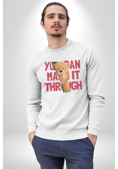 Bunu Alabilirsin Çantadan Çıkan Ayı Unisex Beyaz Baskılı Sweatshirt Beyaz