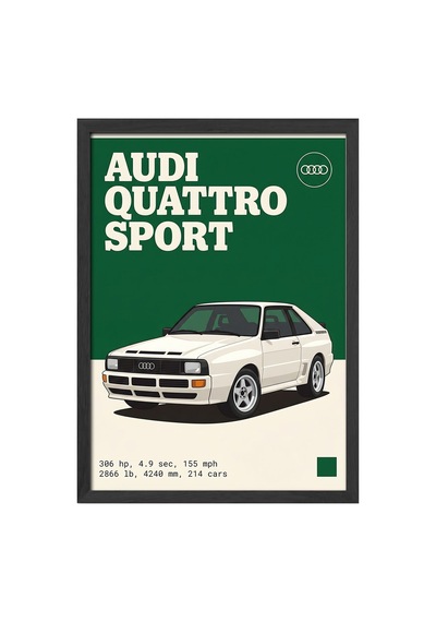 Audi Quattro Sport Siyah Ahşap Çerçeveli Poster, Dekoratif Araba Duvar Tablosu