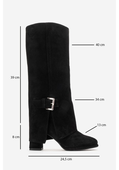 Luvishoes Lojo Siyah Süet Hakiki Deri Tokalı Kadın Kalın Topuklu Çizme Siyah Süet