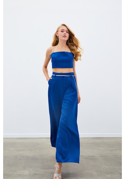 Sateen Taş Kemerli Saten Pantolon - Mavi-134978 Mavi