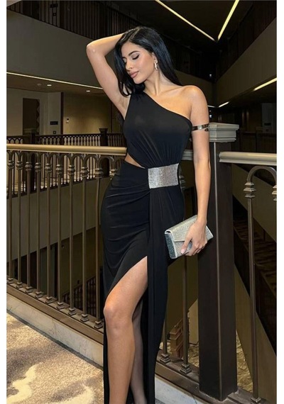 Lior Design Kadın Trend Model Sandy Kumaş Tek Omuz Balık Kesim Abiye Elbise Siyah