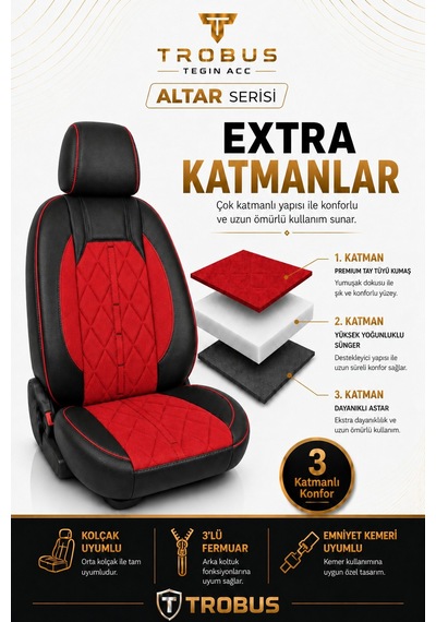 Dacia Jogger 2022+ Uyumlu Altar Serisi Tay Tüyü Oto Koltuk Kılıfı Kırmızı Siyah