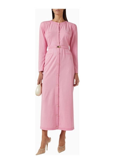 Rowen Rose Belted Cardigan Dress, Lüks Örgü Kumaşlı Kuşaklı Şık Triko Elbise Abiye Pembe 36
