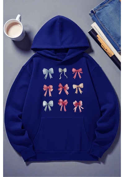 Uyguntarz Unisex Renkli Kurdele Baskılı Kapüşonlu Sweatshirt Saks Mavi Uyguntarz Unisex Renkli Kurdele Baskılı Kapüşonlu Sweatshirt Saks Mavi