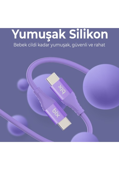 Bix BXSC1CC 60 W Type-C To Type-C 1.2 M Silikon Şarj ve Data Kablosu Lavanta