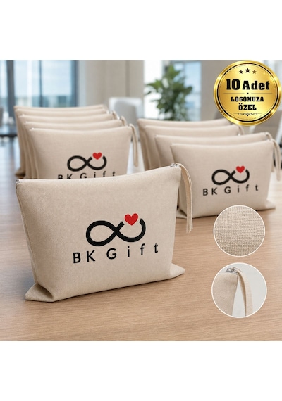 Bk Gift Logonuza Özel 10 Adet Kırık Beyaz Fermuarlı Keten El Cüzdanı 20 X 25 Cm Baskılı Set Bej