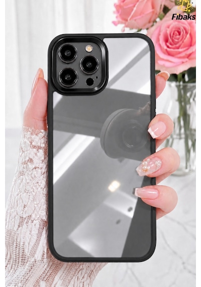 Fibaks iPhone 15 Pro Max Uyumlu Kılıf Kamera Çıkıntılı Kenarı Renkli Arkası Şeffaf Hassas Butonlu Kapak Siyah
