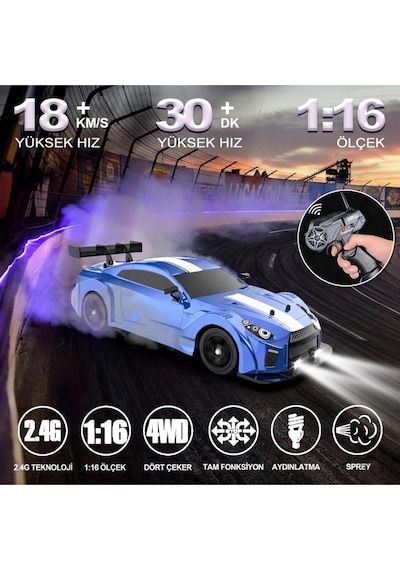 Uzaktan Kumandalı 4x4 Rc Drift Arabası Işıklı Buhar Efektli Duman Atan Şarjlı Çift Bataryalı 1:16 Çok Renkli