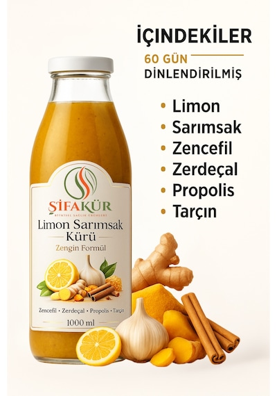Şifakür Limon Sarımsak Kürü 1000ml 60 Gün Dinlendirilmiş Propolis Zencefil Zerdeçal Tarçınlı Deste