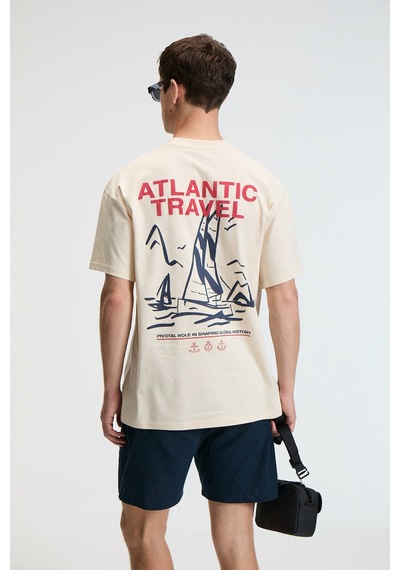 Grimelange CRUNCH Erkek Oversize %100 Pamuk Baskılı Yuvarlak Yaka Vanilya T-Shirt