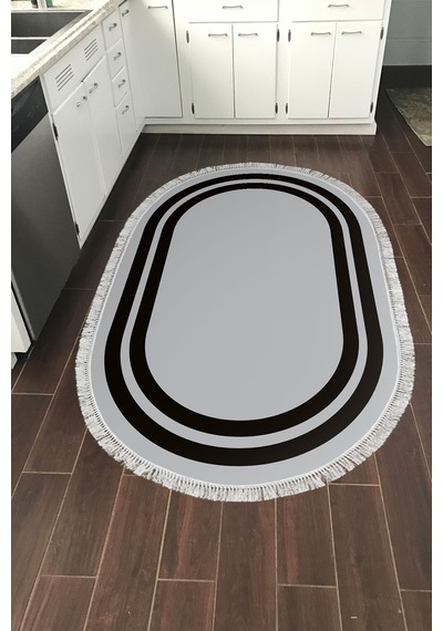 Dijital Baskılı Oval Salon Halısı Kaymaz Yıkanabilir Keçe Taban Saçaklı Geometrik 1696 Gri - Siyah
