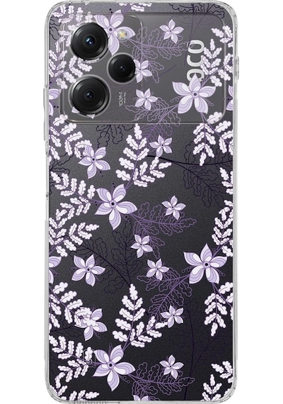 Poco X5 Pro Kamera Korumalı Kapak Floral Lila Tasarımlı Şeffaf Kılıf