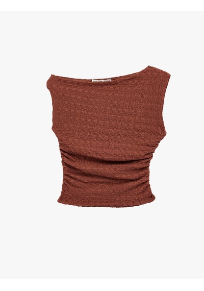 Koton Asimetrik Yaka Kolsuz Slim Fit Drapeli Bluz Kahverengi 6sal30003ık Kahve