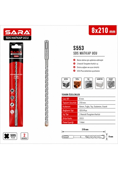 Sara S553 Sds Plus Matkap Ucu 8 X 210 Mm, 2 Kesicili Tungsten Karbür Uçlu