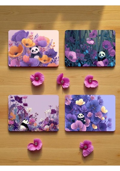 Panda Ve Çiçek Baskılı Mousepad 4'lü Mouse Pad Seti 17x21 Cm