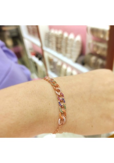 Oriental Kuyumculuk Jewellery Örgü Rose Renkli Taşlı Gümüş Bileklik Pembe