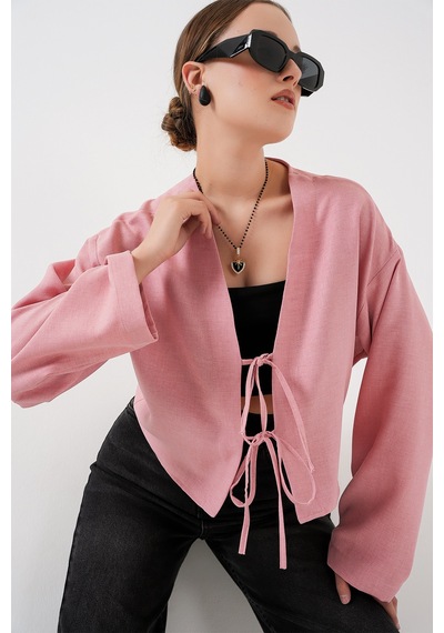 Bigdart Önü Bağlamalı Keten Kimono 960 - Pudra