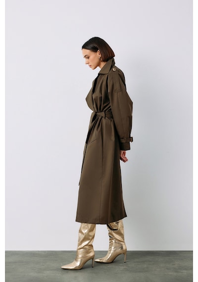 Sateen Kuşaklı Uzun Trenç - Haki-135232 Haki