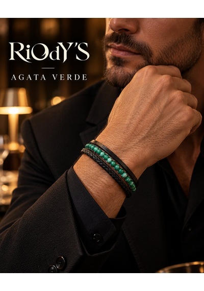Riody's Agata Verde Erkek Bileklik Doğal Yeşil Akik Taşlı Siyah Deri Çelik Kilit Siyah - Yeşil