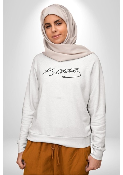 Kemal Atatürk İmzası Unisex Beyaz Baskılı Sweatshirt Beyaz
