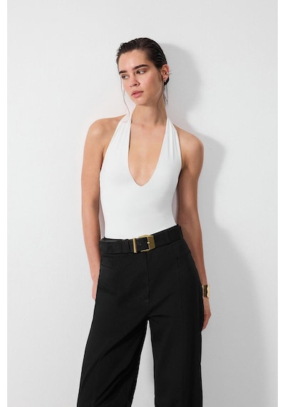 Vatkalı Derin V Yaka Bodysuit-16648 Ekru